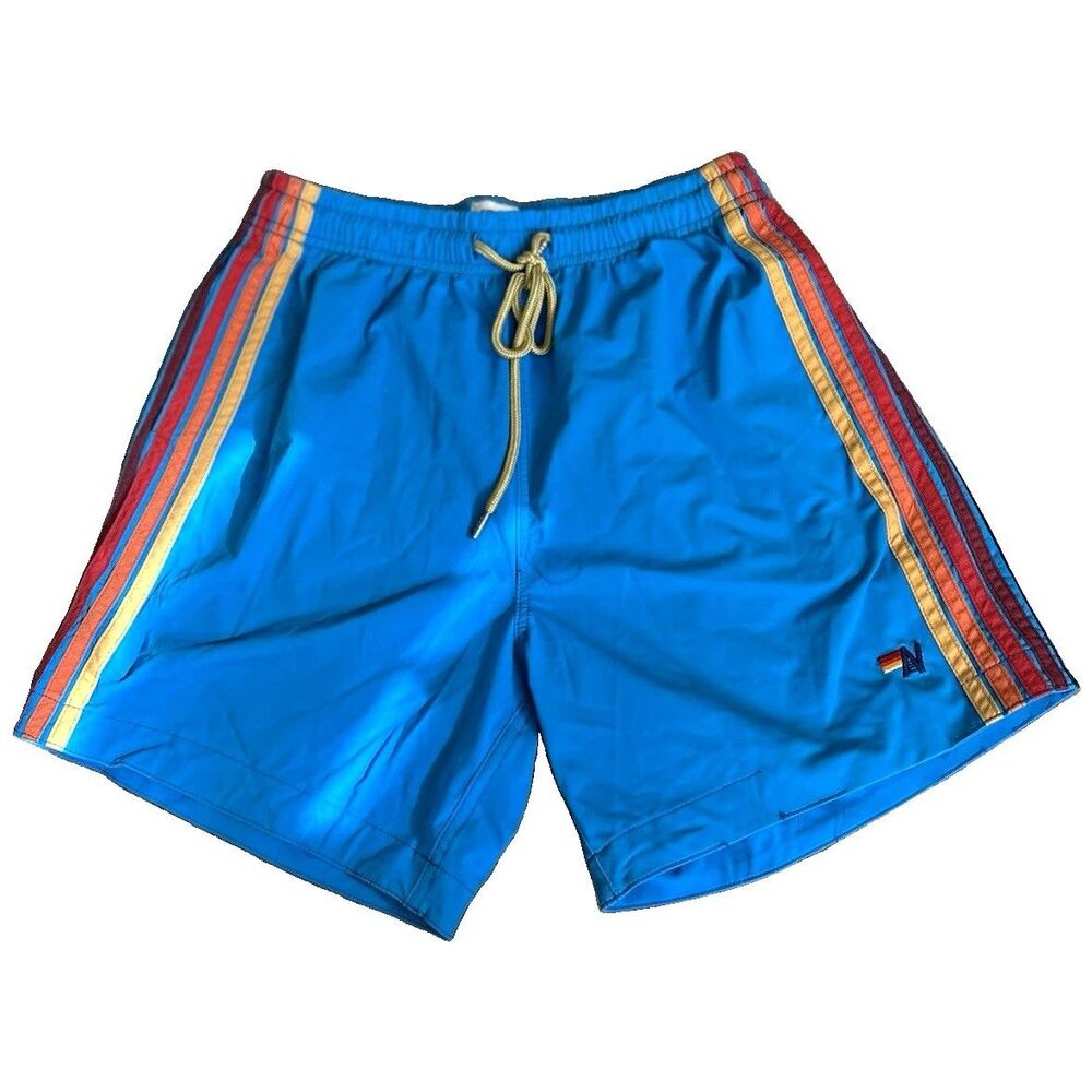 Aviator Men's Blue Multicolor Striped Swim Shorts Size 30 Elastic Drawstring